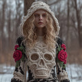 Women Halloween Vintage Scarlet Rose White Skull Crochet Hooded Sweater artswardrobe