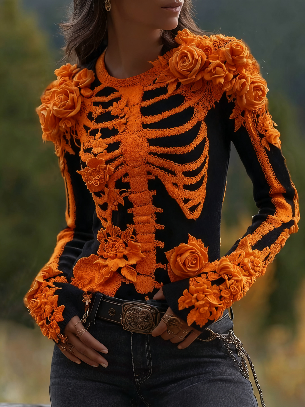 Women's Halloween Skeleton Bones With Roses Art Knitted Warm Sweater artswardrobe
