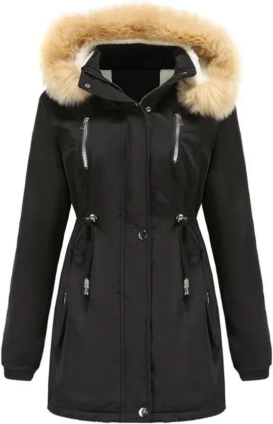 JO | long coat with faux fur hood and fleece lining
