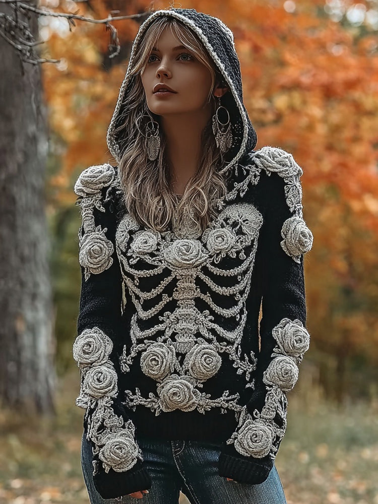 Comstylish Vintage Skeleton Roses Crochet Art Cozy Hooded Sweater