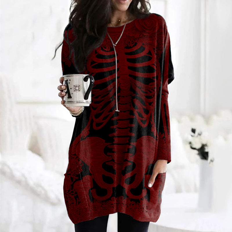 Comstylish Comstylish Women's Halloween Skeleton Bones With Rose Art Cozy Knit Turtleneck Mini Sweater Dress