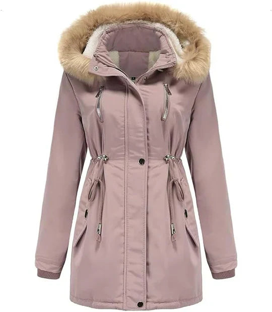 JO | long coat with faux fur hood and fleece lining
