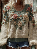 Bohemian Style Plant And Flower Embroidery Pattern Women's Round Neck Knitted Sweater artswardrobe