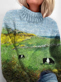 Scotland Belted Galloways Landscape Felt Cozy Turtleneck Sweater artswardrobe