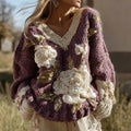Women's Vintage White Rose Pattern Warm Knitted V-neck Sweater artswardrobe