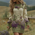 Comstylish Classy Gradient Purple Lavender And Floral Art Cozy Knit Mini Sweater Dress