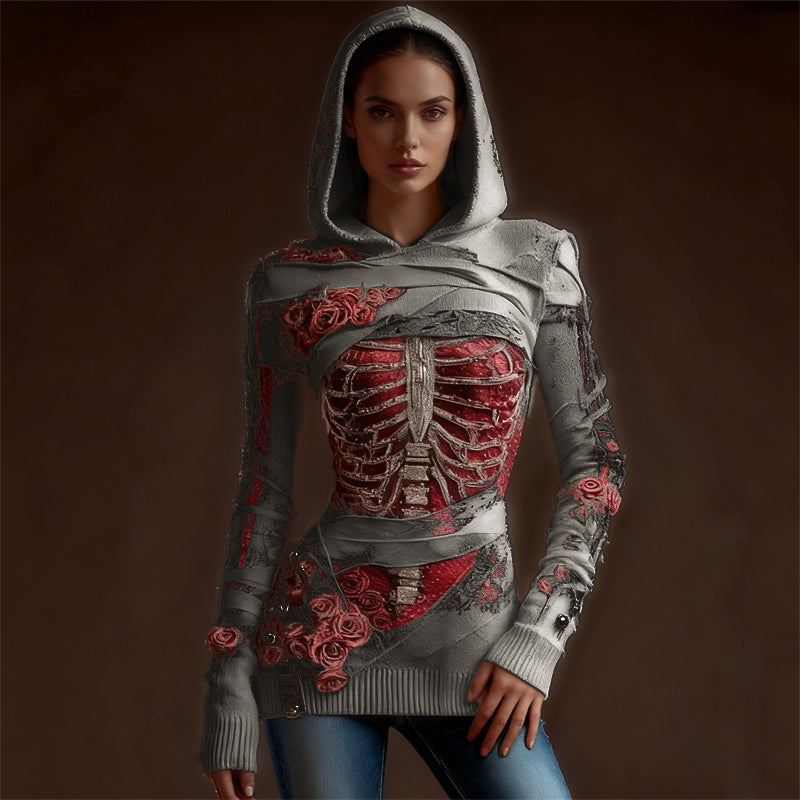 Comstylish Classy Skeleton Anatomy Bloody Roses Bandages Hooded Sweater