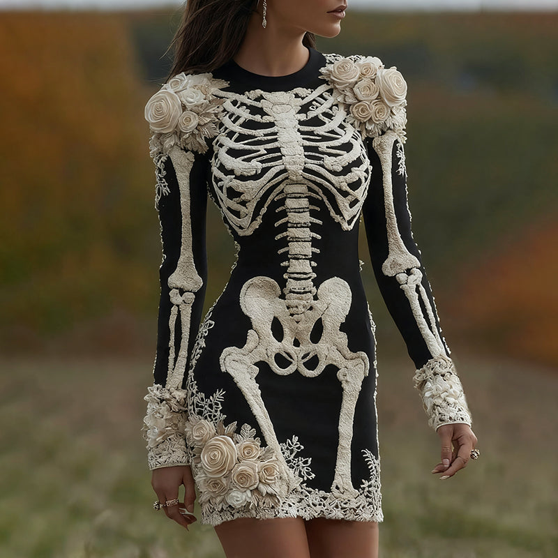 Comstylish Women's Halloween Skeleton Bones With Rose Art Cozy Knit Mini Sweater Dress
