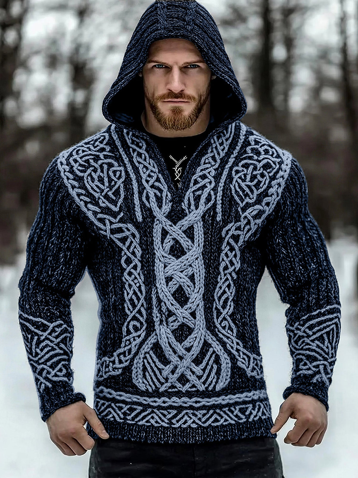 Men's Viking Tribal Jacquard Inspired Celtic Hooded Sweater artswardrobe