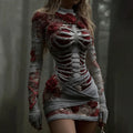 Women's Vintage Red Rose Skeleton Art Knit Mini Sweater Dress artswardrobe
