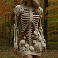 Comstylish Women's Rose Skeleton Art Round Neck Knit Mini Sweater Dress