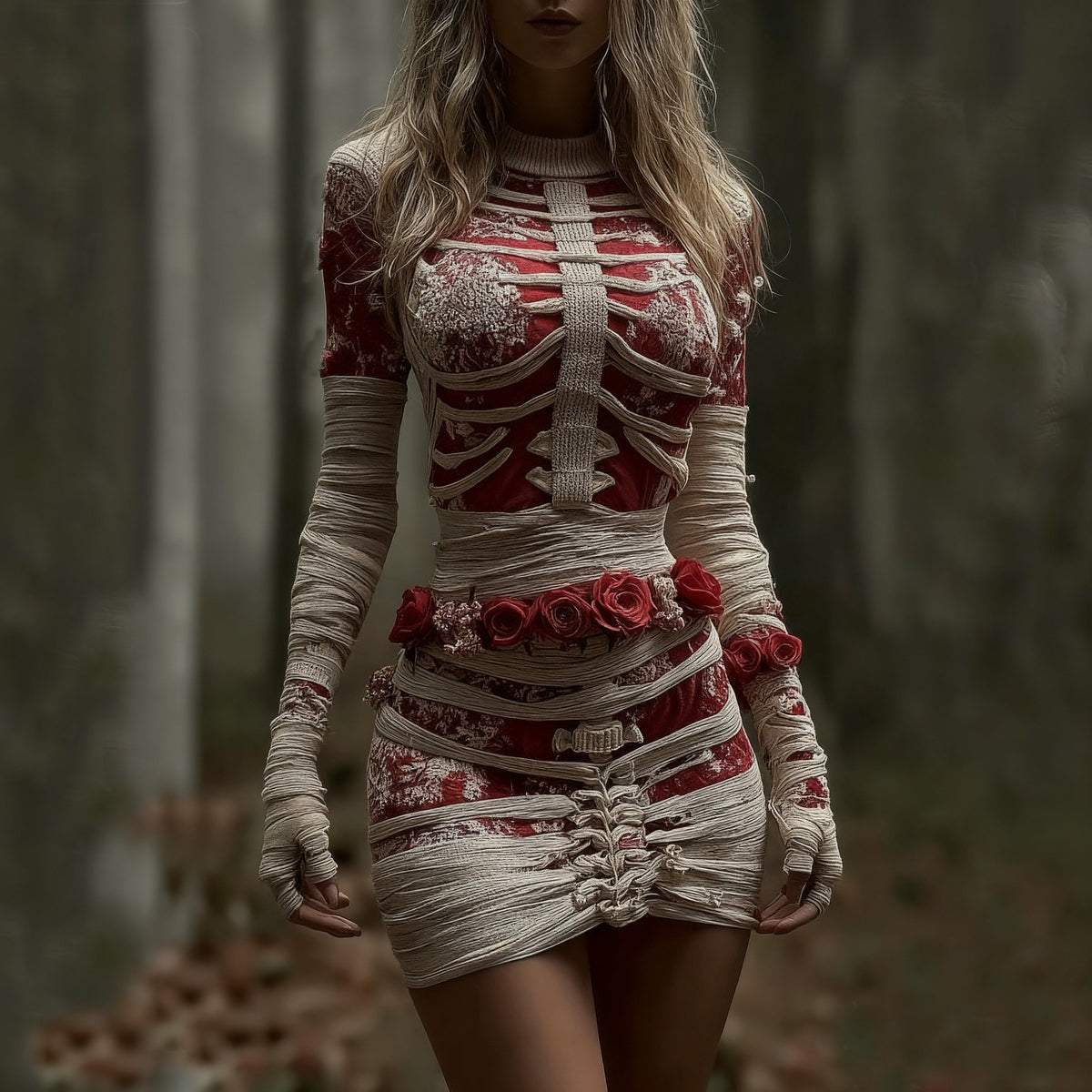 Comstylish Women's Vintage Red Rose Skeleton Art Knit Mini Sweater Dress