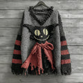 Comstylish Halloween Caped Black Cat Striped Knitted Cozy V-neck Sweater