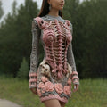 Comstylish Women's Halloween Skeleton Bones With Rose Art Cozy Knit Mini Sweater Dress