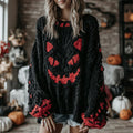 Comstylish Halloween Black Smiley Face Contrast Knitted Cozy Sweater