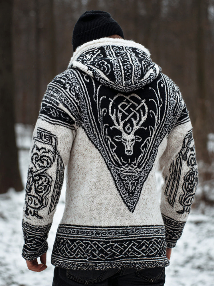 Comstylish Viking Celtic Knot & Elk Men's Fur Trim Hooded Sweater