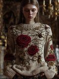 Antique Halloween Spider Silk And Red Rose Rice White Round Neck Sweater artswardrobe