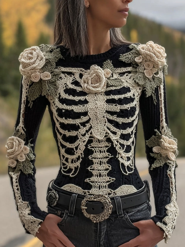Comstylish Vintage Skeleton Roses Crochet Art Cozy Knit Sweater
