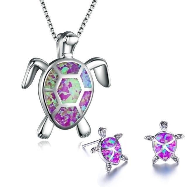 Sea Turtle Opal & Silver Necklace + Earrings